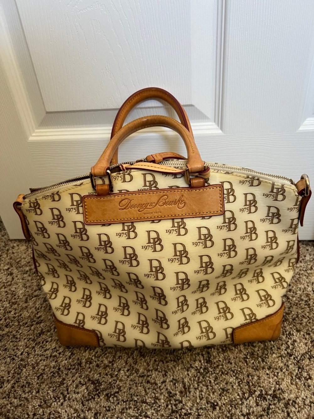 Dooney & Bourke Cream and Brown DB Monogram Satchel